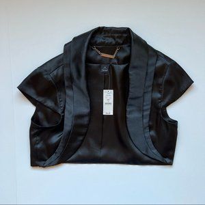 White House Black Market Black Satin Short Sleeve Open Front Crop Top Size Small